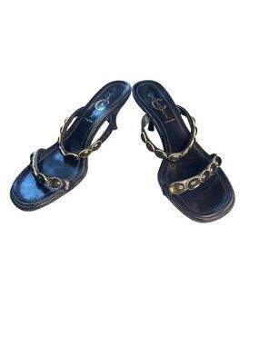 Casadei Leather Kitten Heel Sandals Black Gold Accents Embellished Straps